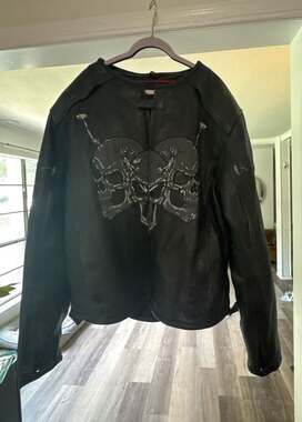 First Racing Men's Black Leather Motorcycle Jacket with Skull and Barbwire Graph